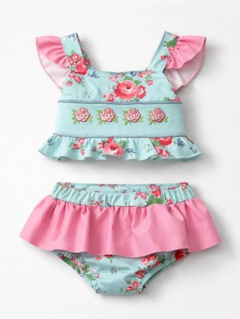Tiny Faith Threads Rosebud Bliss smocked embroidered ruffle & bow 2 piece swim